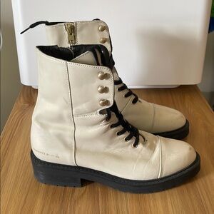 All Saints Cream and Black Combat Moto Boots with Lace-Up Design